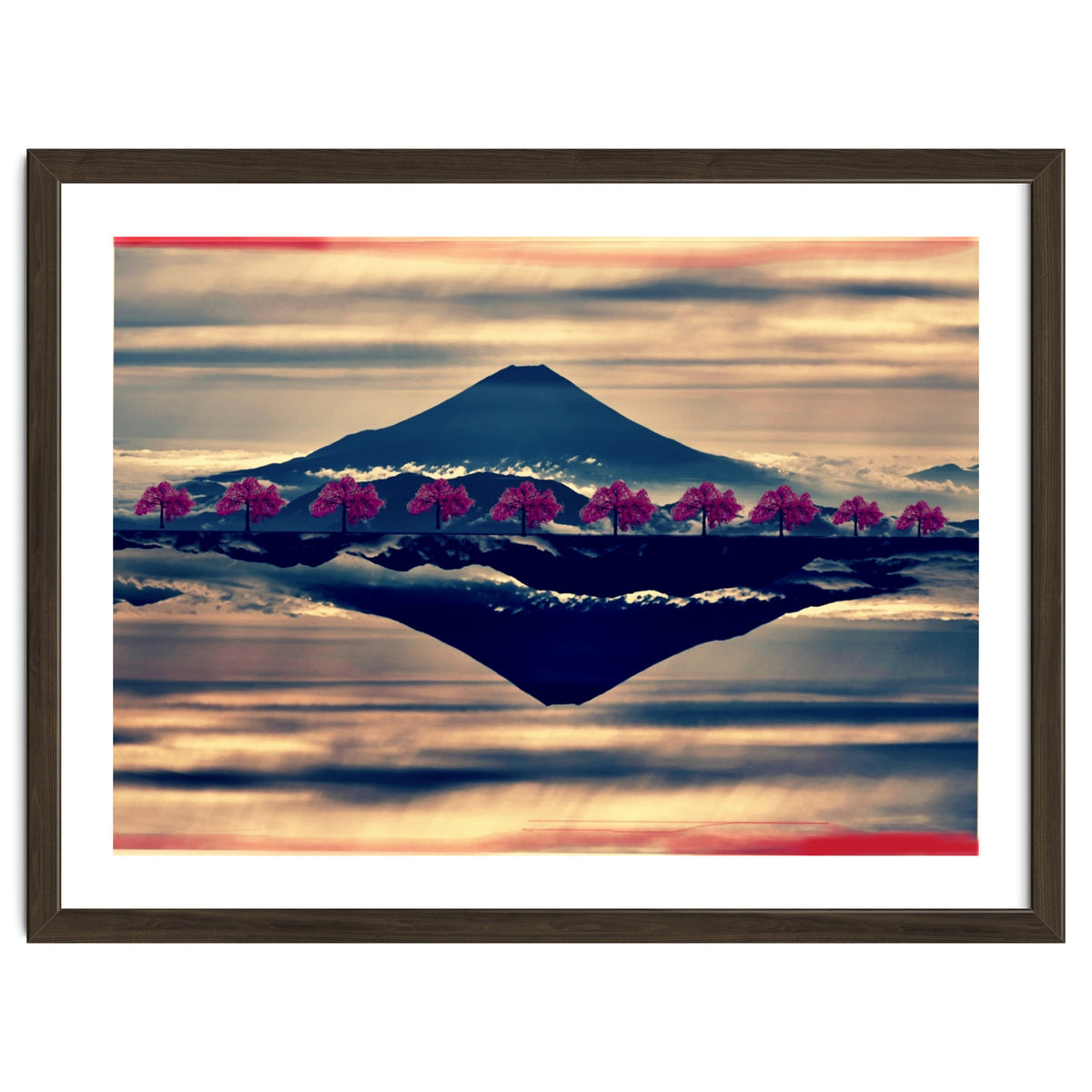 Reflection on Mount Fuji with cherry trees.