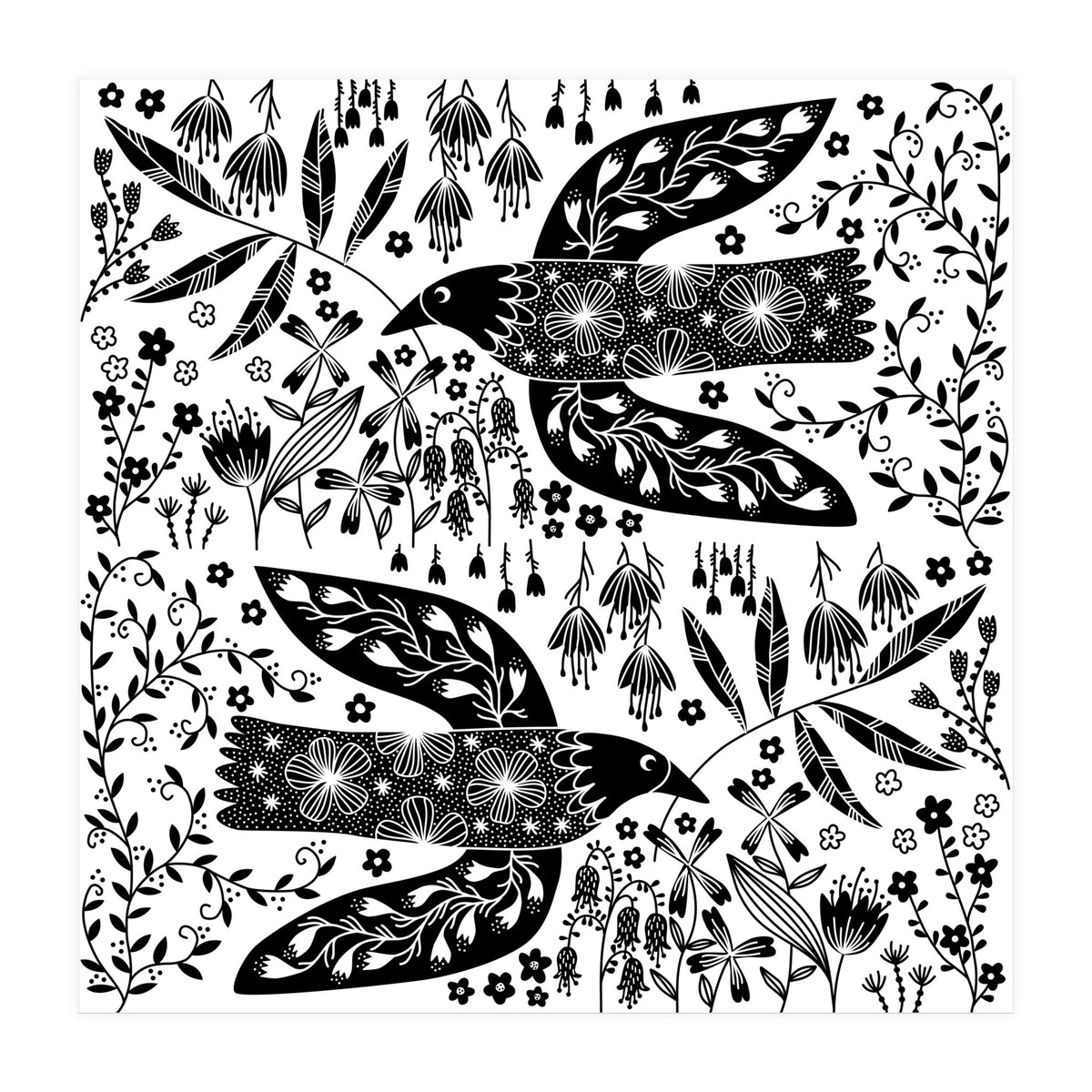 Doves And Flowers Black & White (Print Only)