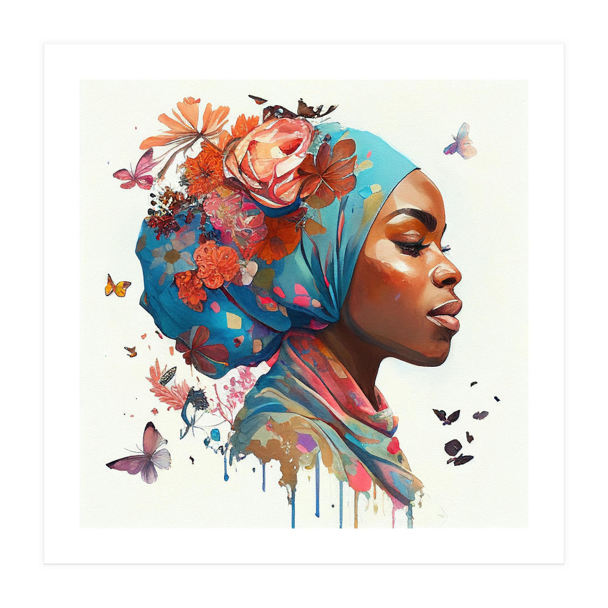 Watercolor Floral Muslim African Woman #2 (Print Only)