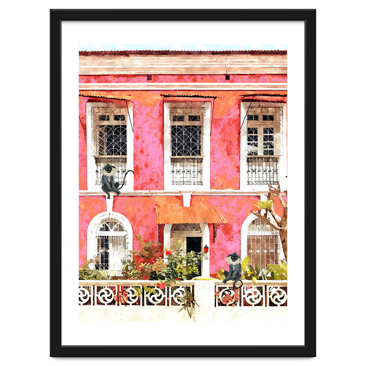Monkey Business | Watercolor Tropical Goa Architecture Painting | Travel Pastel Pink Blush Building