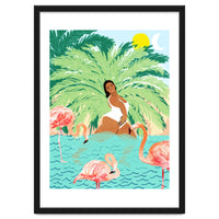 Tropical Summer Water Yoga with Palm & Flamingos | Woman of Color Black Woman Body Positivity