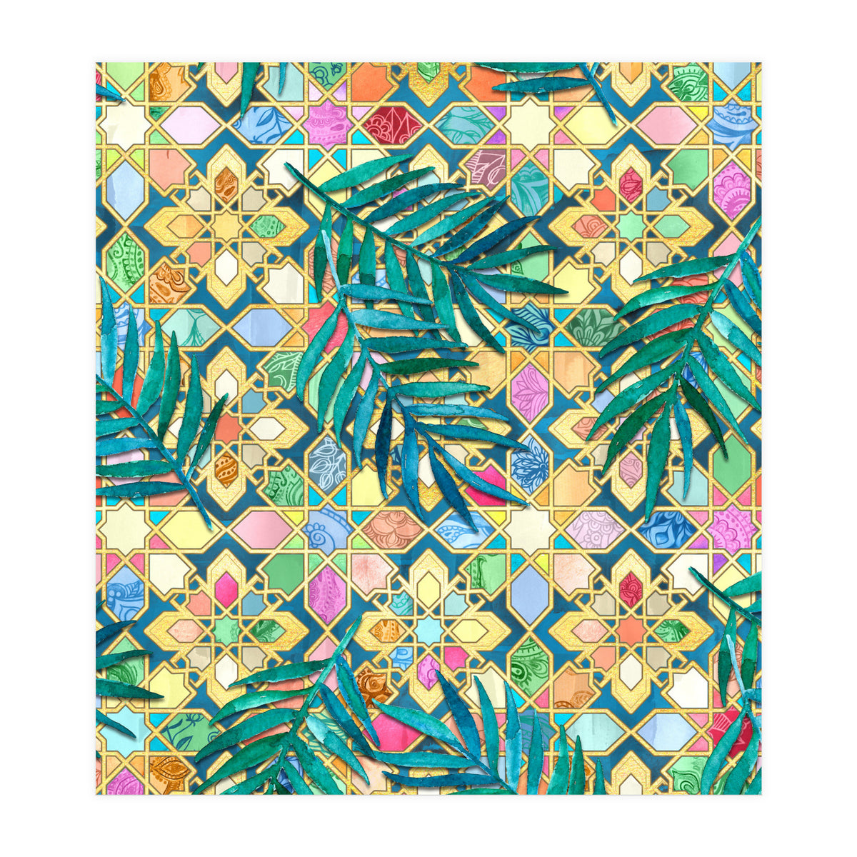 Gilded Moroccan Mosaic Tiles with Palm Leaves  (Print Only)