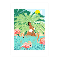 Tropical Summer Water Yoga with Palm & Flamingos | Woman of Color Black Woman Body Positivity (Print Only)