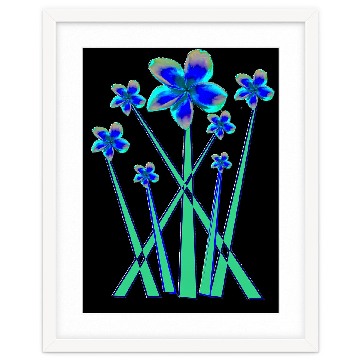 Blue flowers on black.