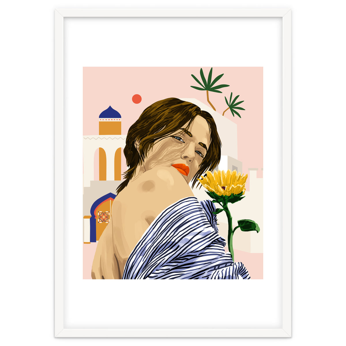 I Travel, I Become | Morocco Architecture Illustration, Bohemian Woman Tropical Sunflower Boho Palm