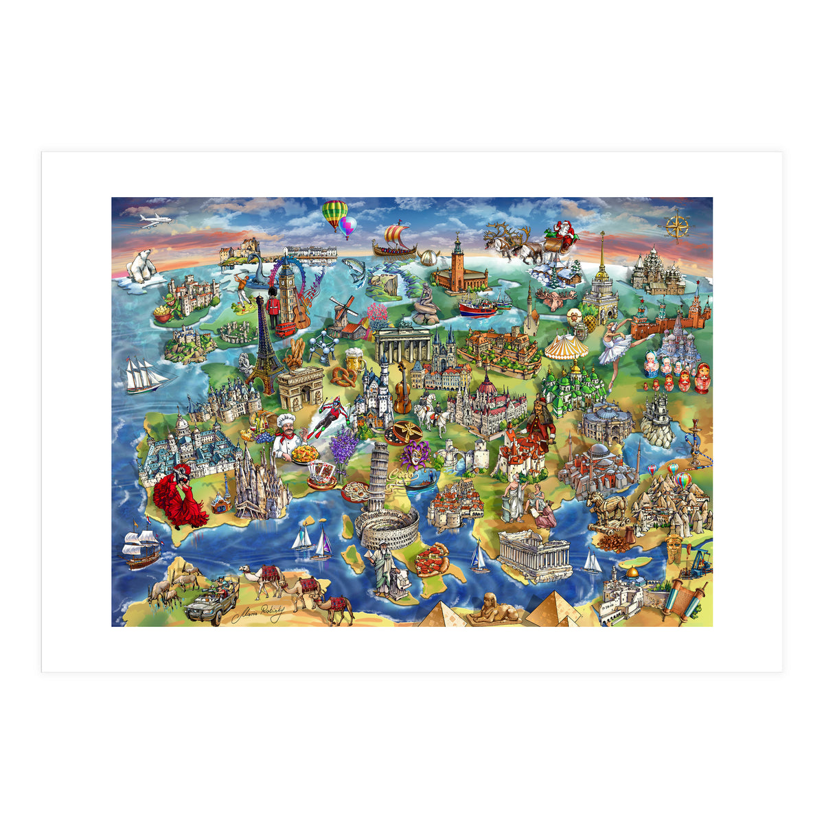 European World Wonders Illustrated Map (Print Only)
