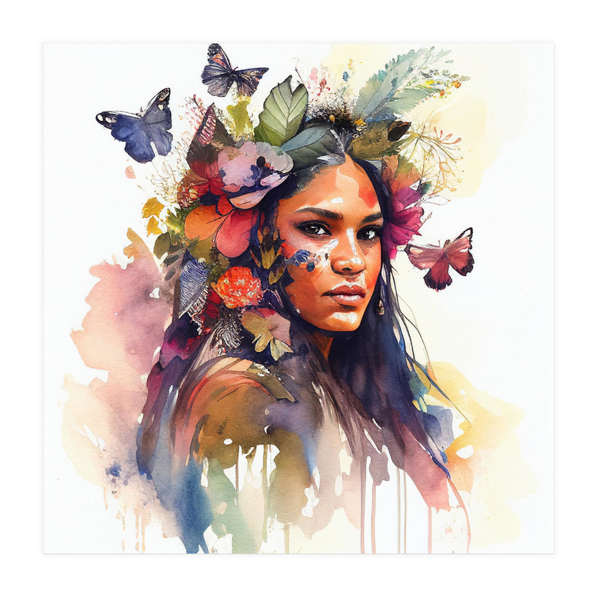 Watercolor Floral Indian Native Woman #5 (Print Only)