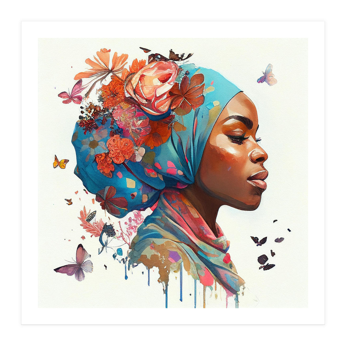Watercolor Floral Muslim African Woman #2 (Print Only)