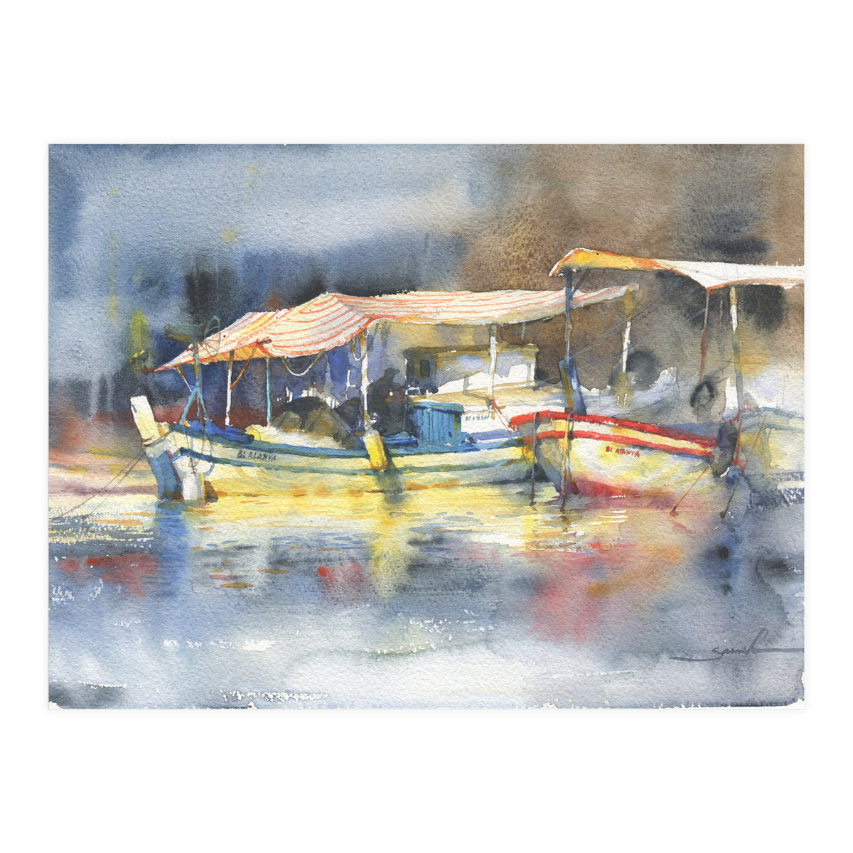 Yachts in the port. Watercolor art (Print Only)