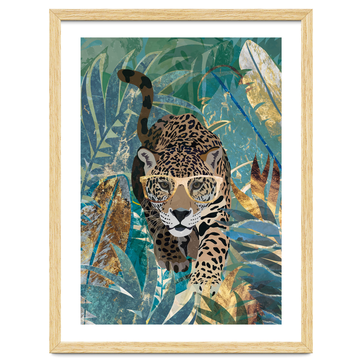 Jaguar in the gold and green tropical jungle
