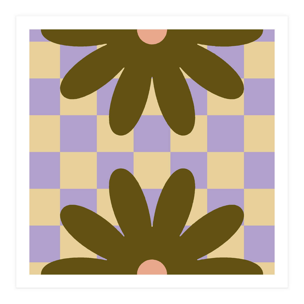 Retro Geometric Simple Flower on Checkerboard (Print Only)
