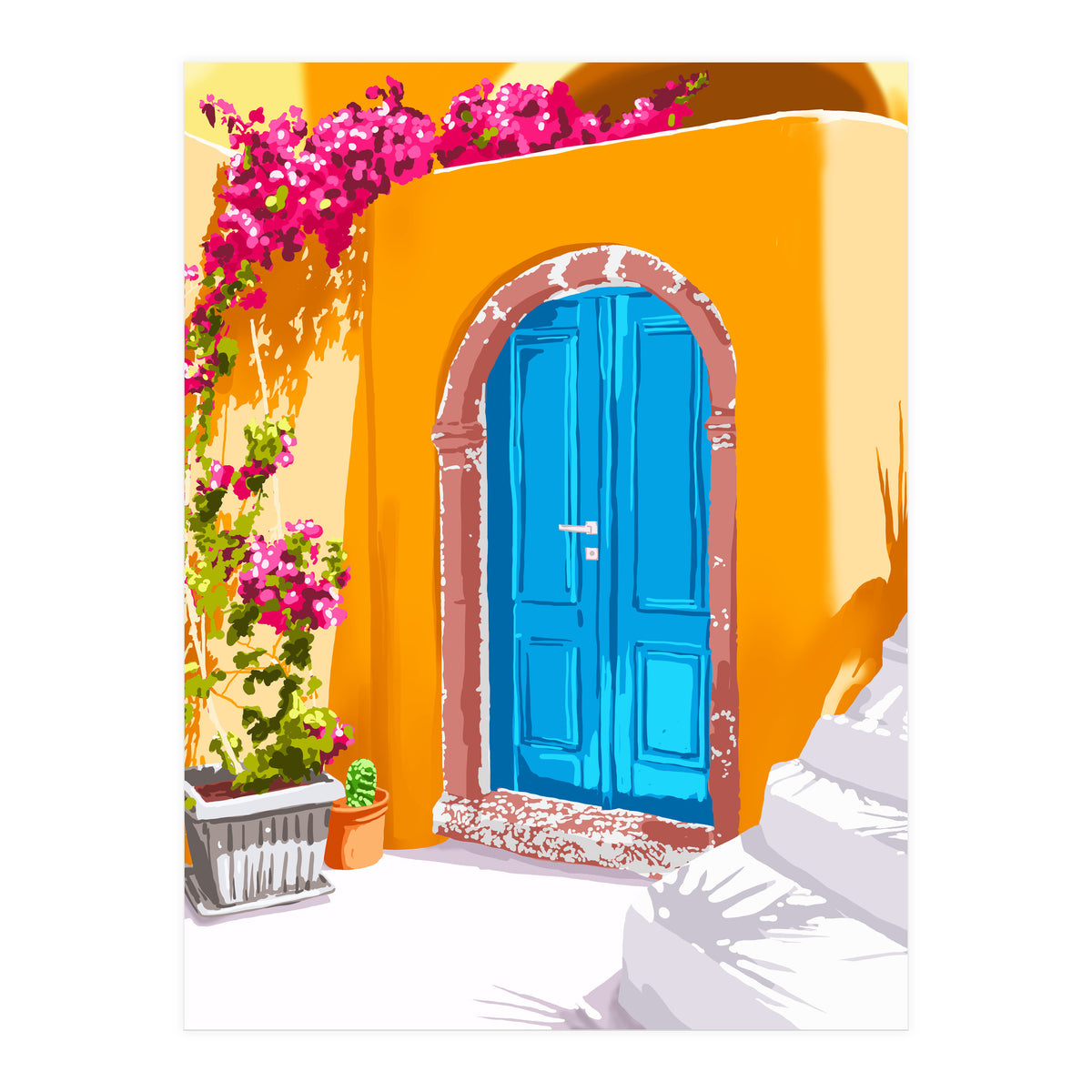 Sunny Morocco, Summer Architecture Greece Travel Painting, Boungainvillea Tropical Floral (Print Only)