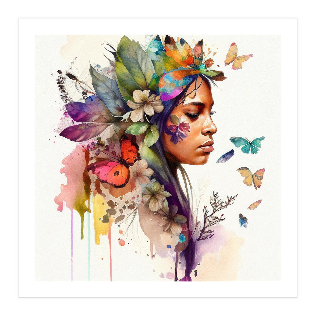 Watercolor Floral Indian Native Woman #10 (Print Only)