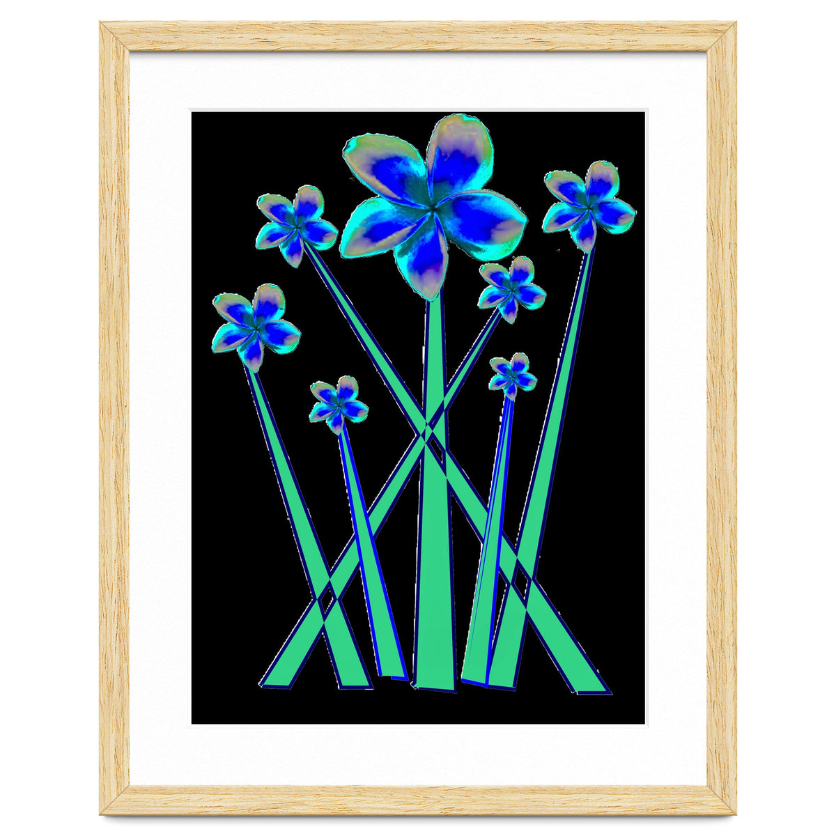 Blue flowers on black.