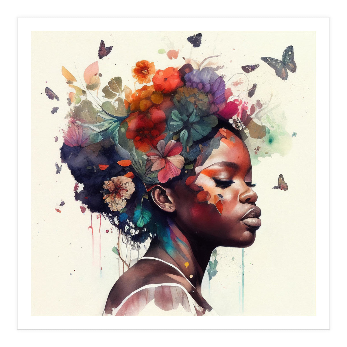 Watercolor Butterfly African Woman #1 (Print Only)