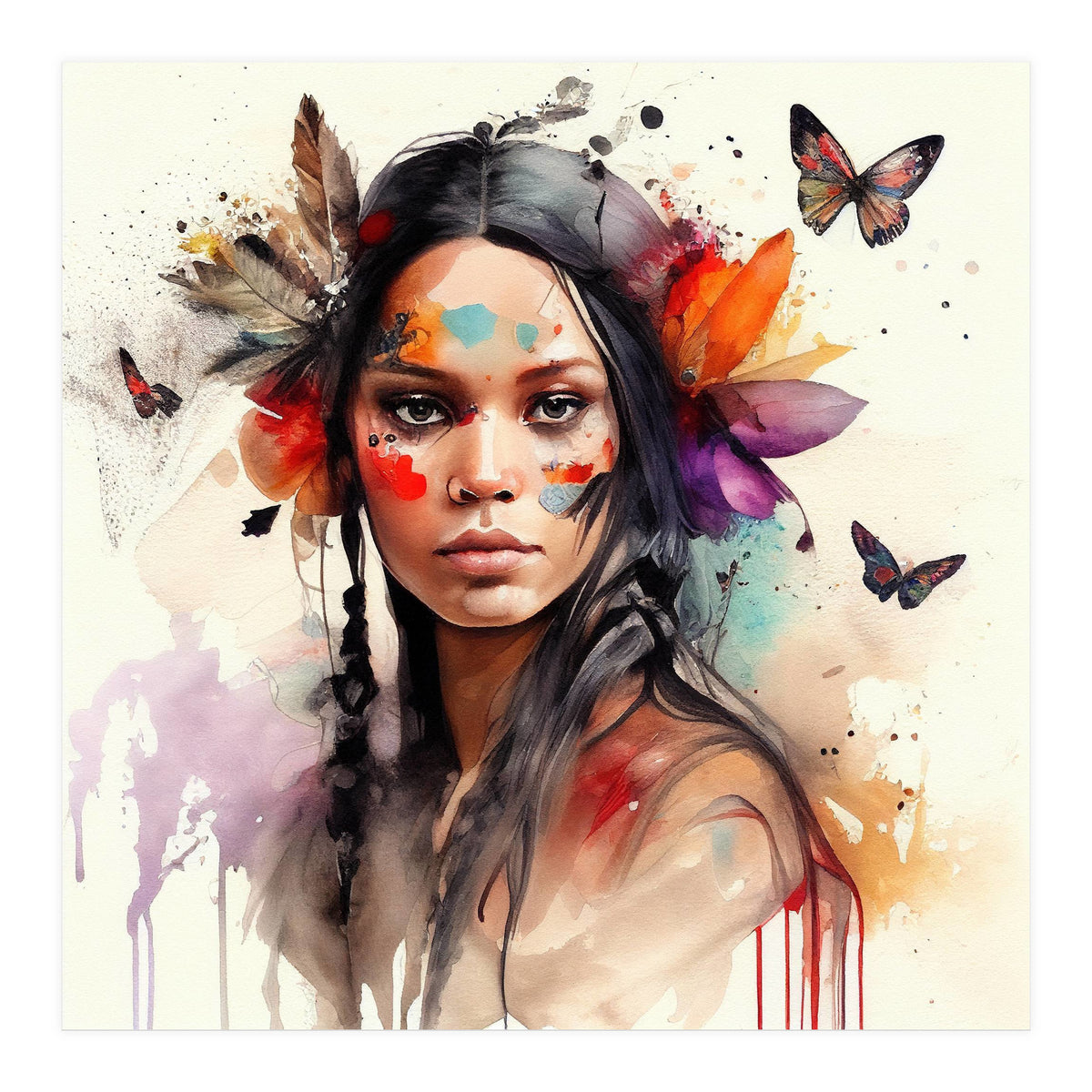 Watercolor Floral Indian Native Woman #6 (Print Only)