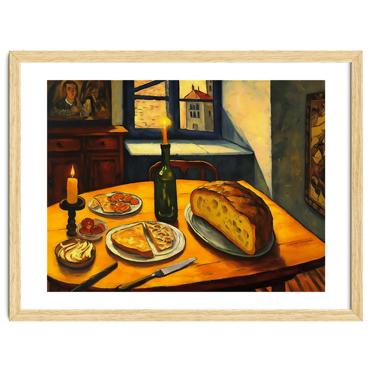 Table Setting of Bread and Cheese Oil Painting