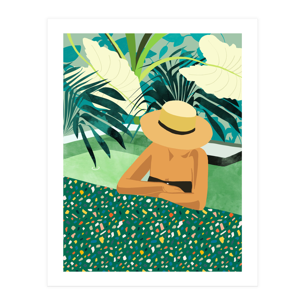 Chill, Modern Bohemian Black Woman Travel Illustration | Terrazzo Tropical Swimming Pool Fashion (Print Only)