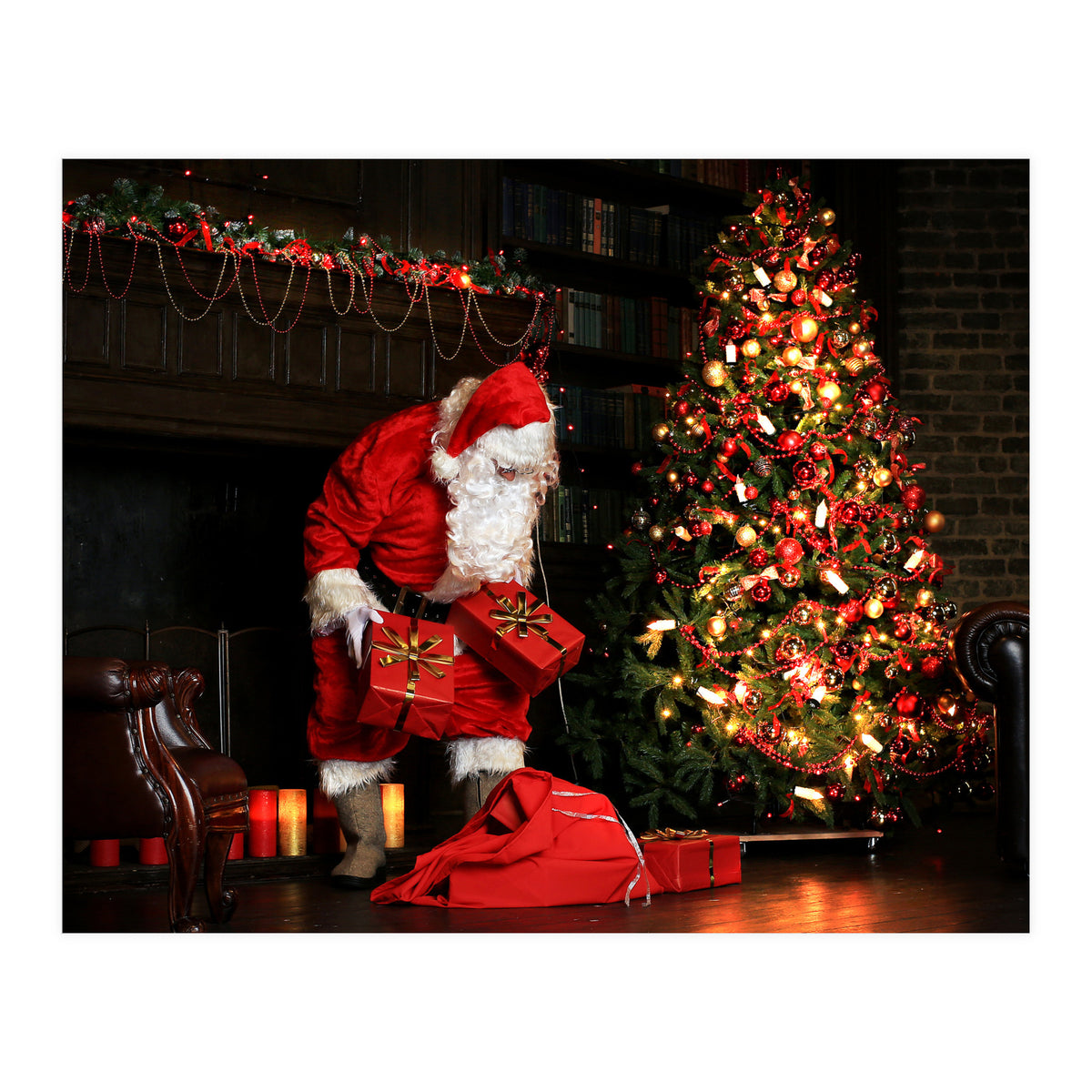 Santa Claus put his Christmas gift under the Xmas tree at midnight (Print Only)