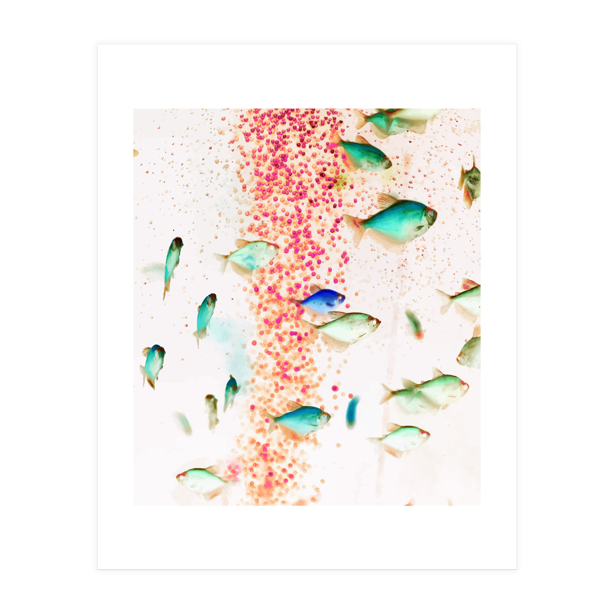 Something Fishy, Pink Bubbles & Blue Green Fish Graphic Design Digital Eclectic Surrealism (Print Only)