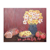 Still life with cheese, daffodils on a red background. (Print Only) thumbnail