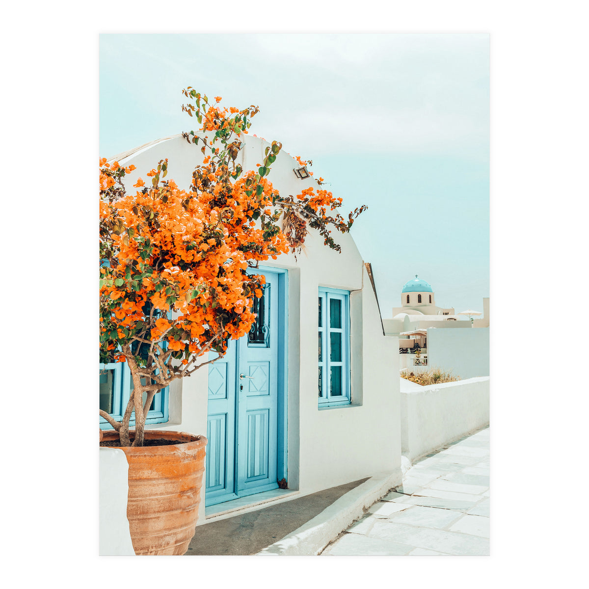 Greece Airbnb, Greece Photography Travel Digital Art, Scenic Landscape Architecture, White Building (Print Only)