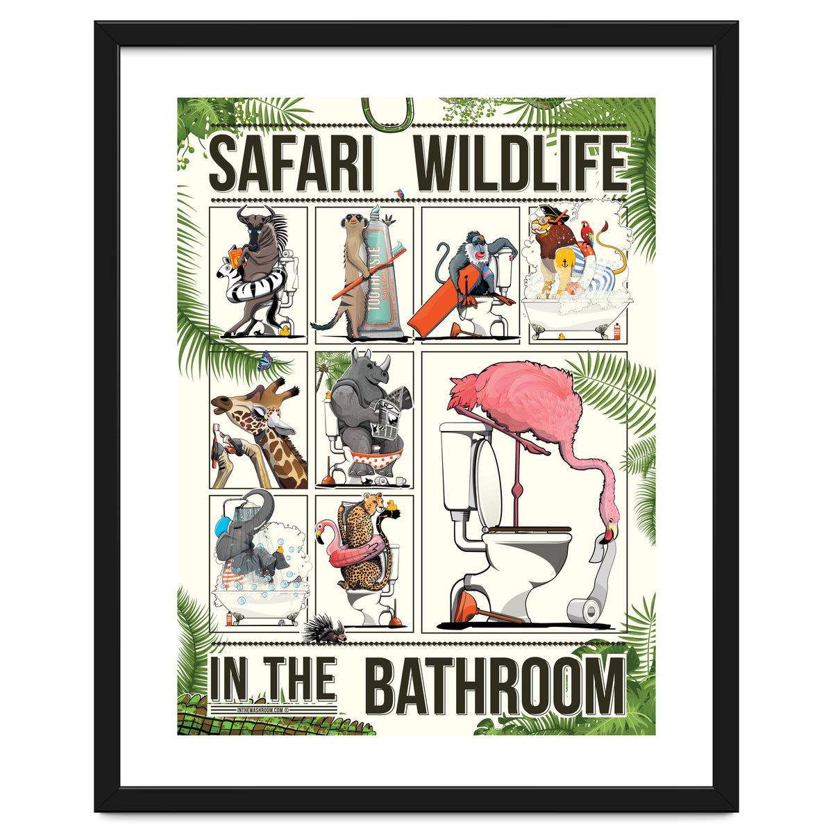 Safari wildlife animals in the bathroom, funny toilet humour.