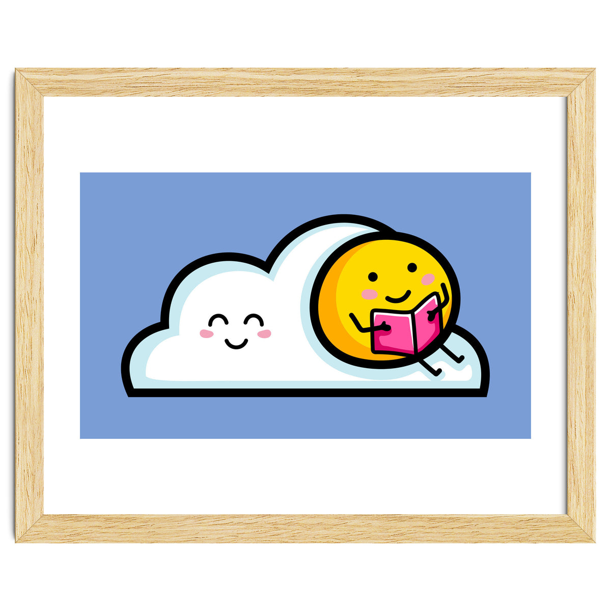 Kawaii Cute Sun Reading A Book On A Cloud