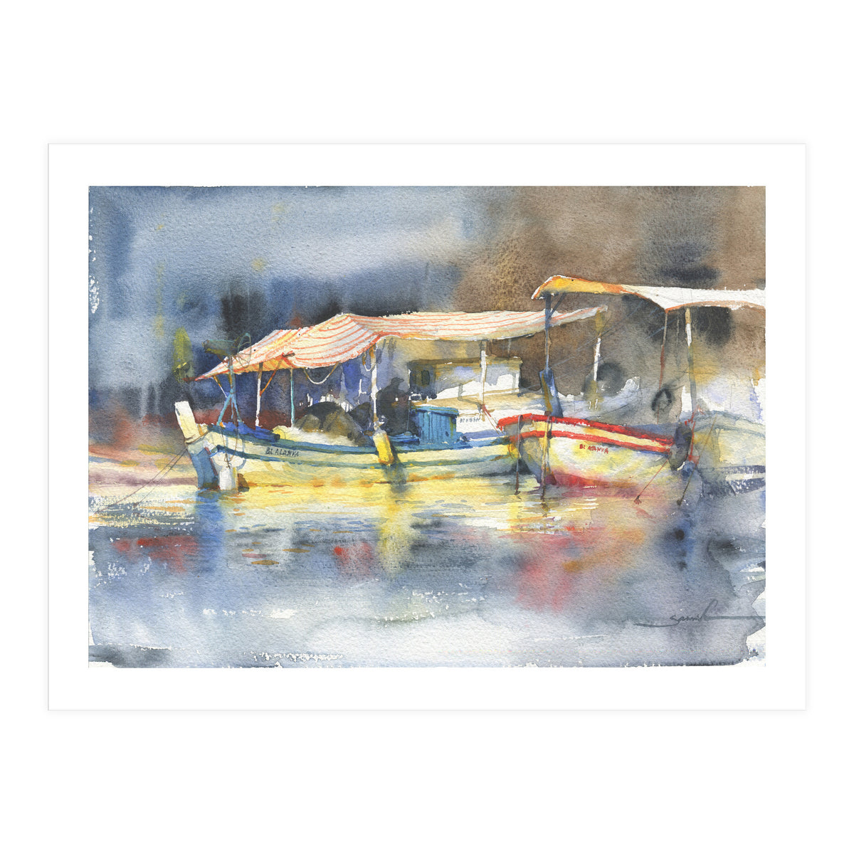 Yachts in the port. Watercolor art (Print Only)