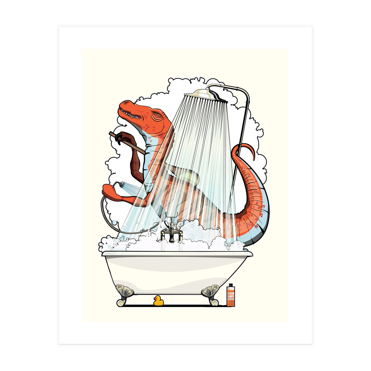 Dinosaur Velociraptor in the Shower, funny bathroom humour (Print Only)