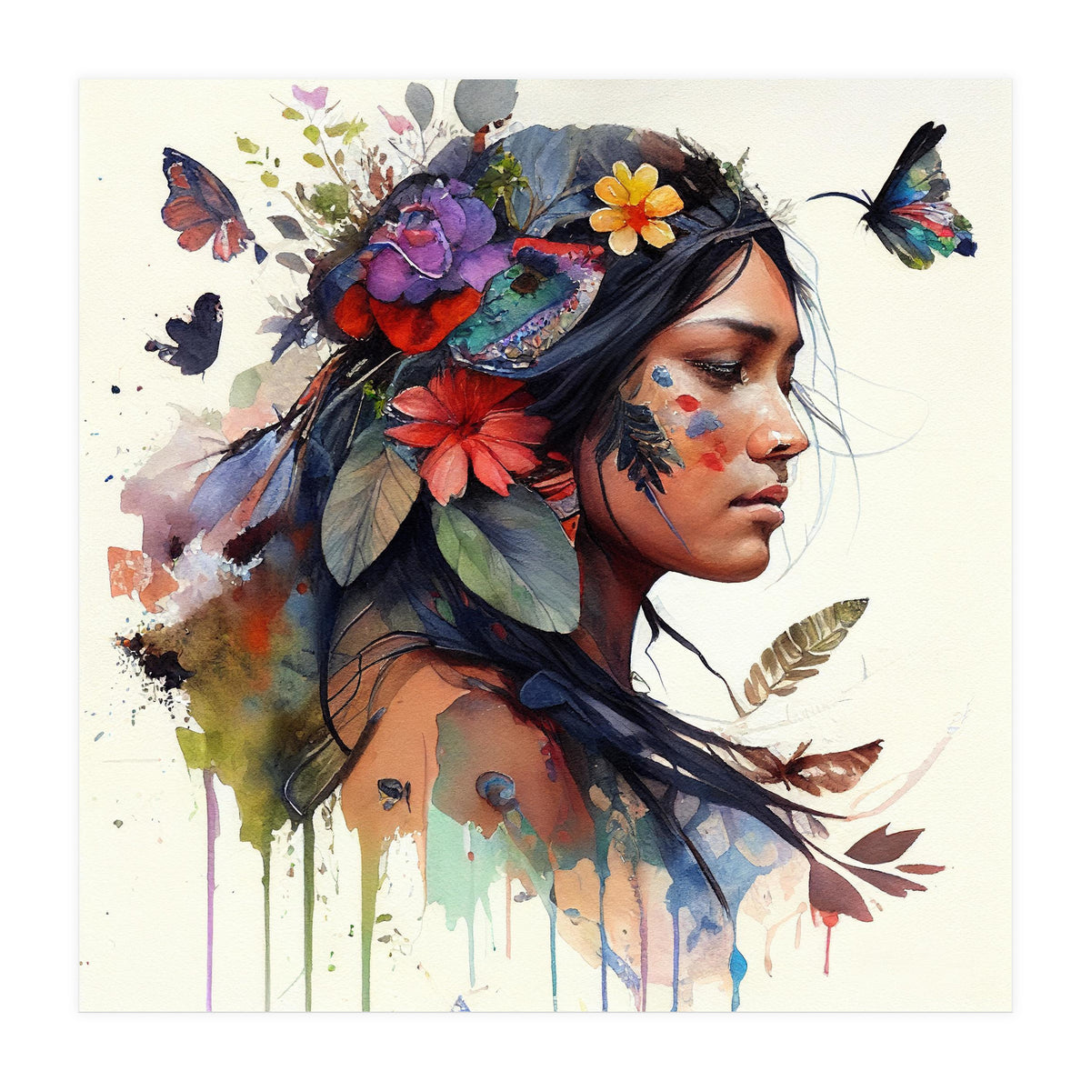 Watercolor Floral Indian Native Woman #15 (Print Only)