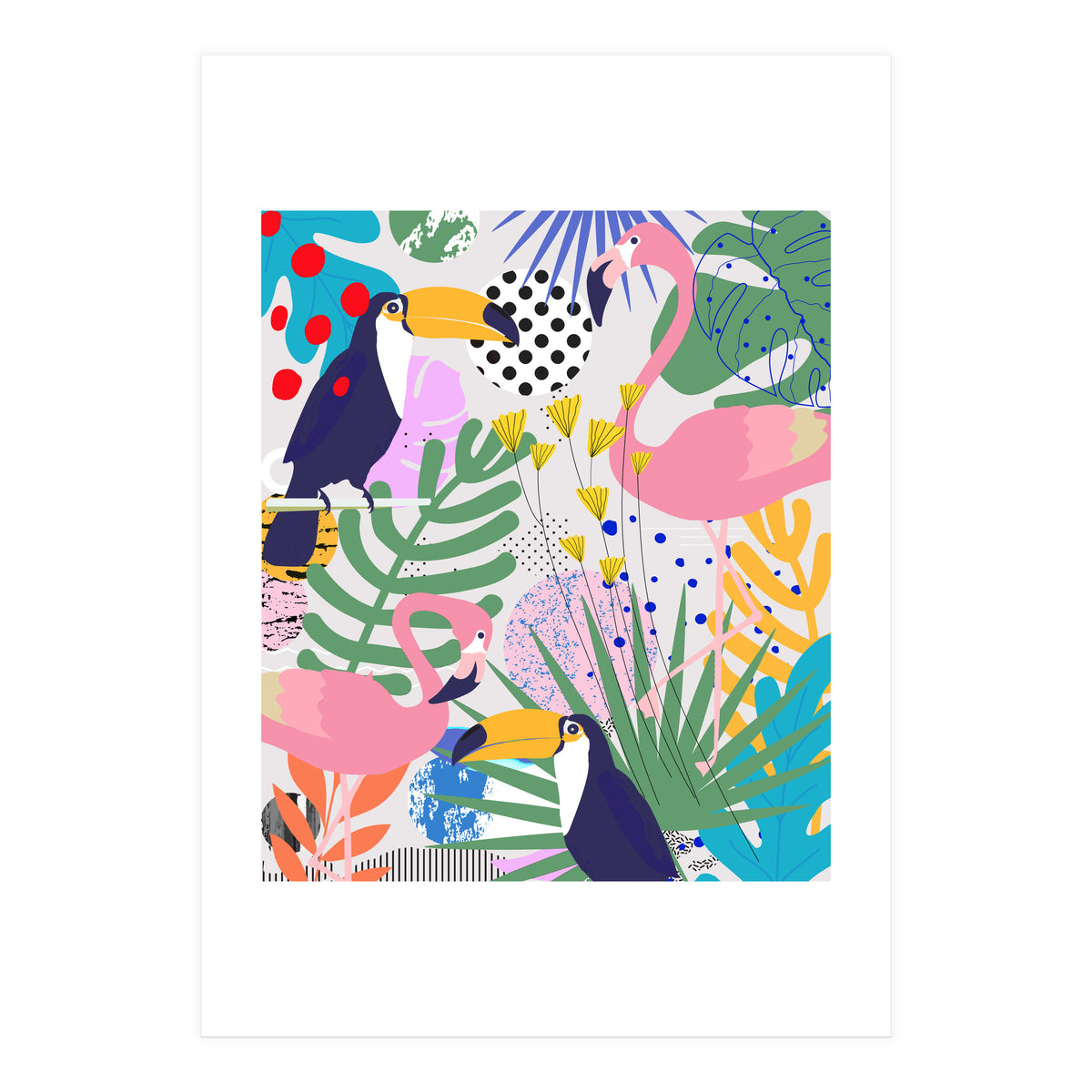 Tropical Spring | Pastel Quirky Modern Bohemian Jungle Botanical | Flamingo Palm Cockatoo Birds (Print Only)