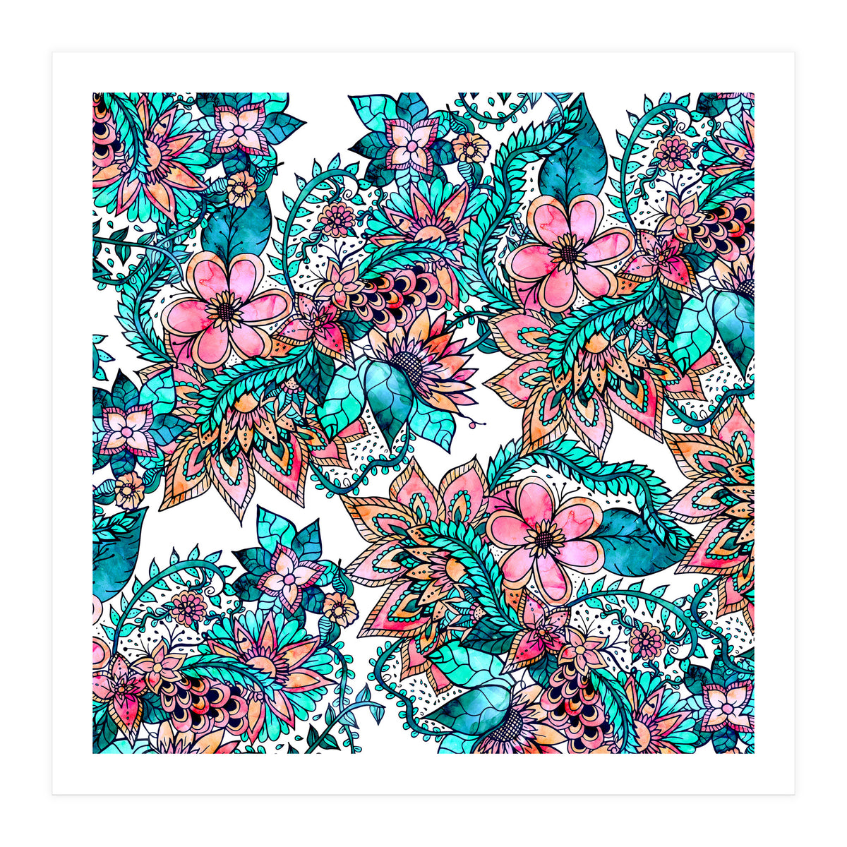 Boho turquoise pink floral watercolor illustration (Print Only)