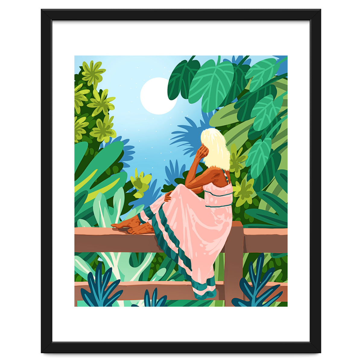 Forest Moon, Bohemian Woman Jungle Nature Tropical Colorful Travel Fashion Illustration