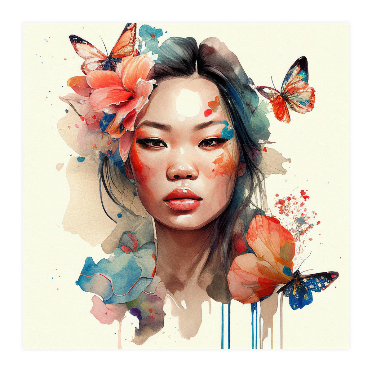 Watercolor Floral Asian Woman #1 (Print Only)