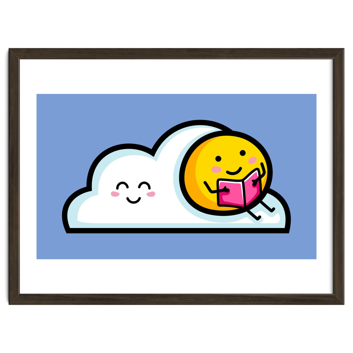Kawaii Cute Sun Reading A Book On A Cloud