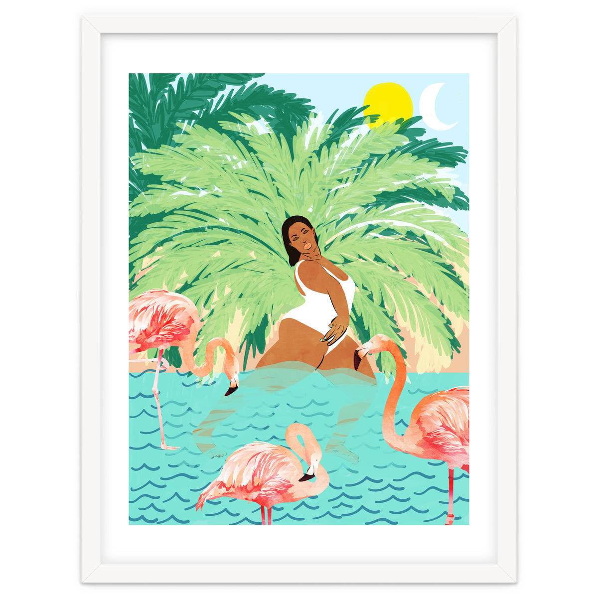 Tropical Summer Water Yoga with Palm & Flamingos | Woman of Color Black Woman Body Positivity