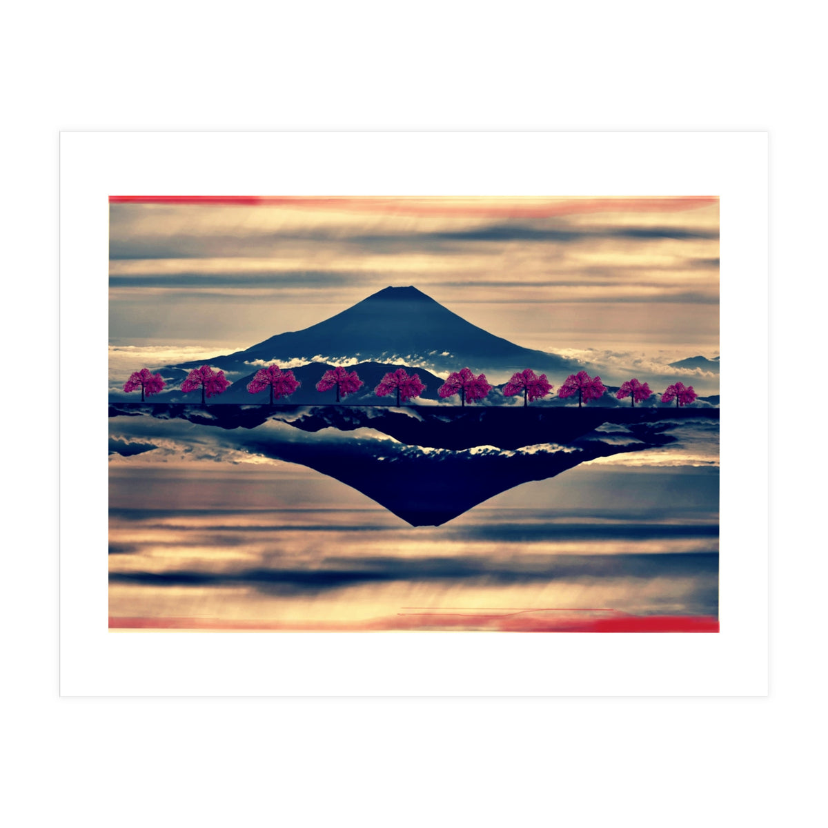 Reflection on Mount Fuji with cherry trees. (Print Only)