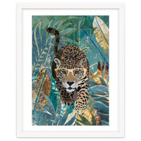 Jaguar in the gold and green tropical jungle