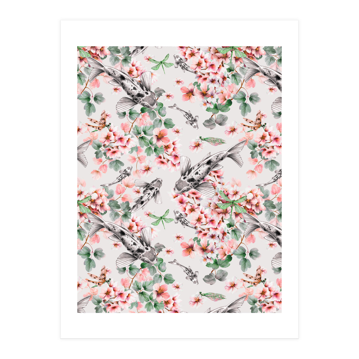 Asian fish among flowers (Print Only)