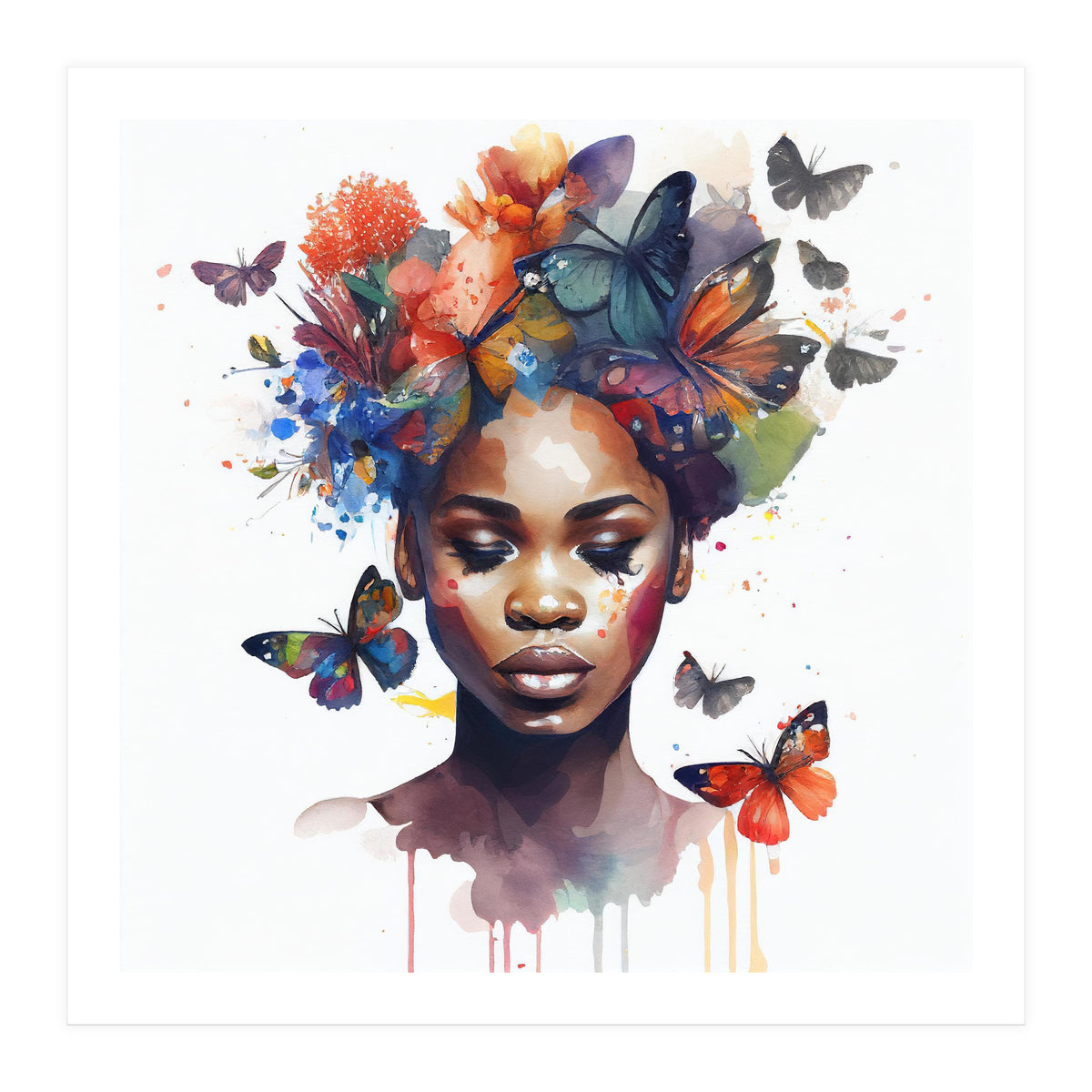 Watercolor Butterfly African Woman #4 (Print Only)