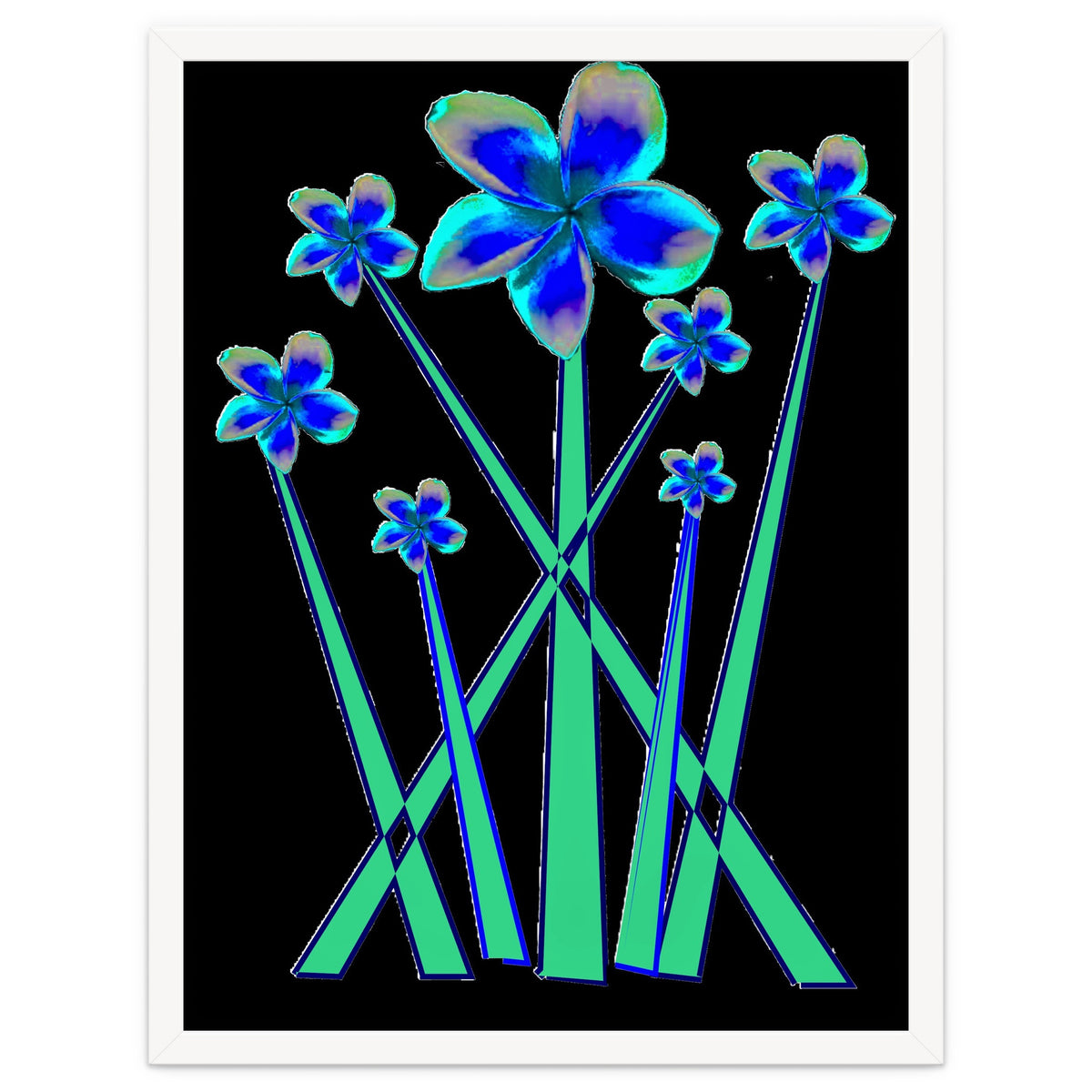 Blue flowers on black.