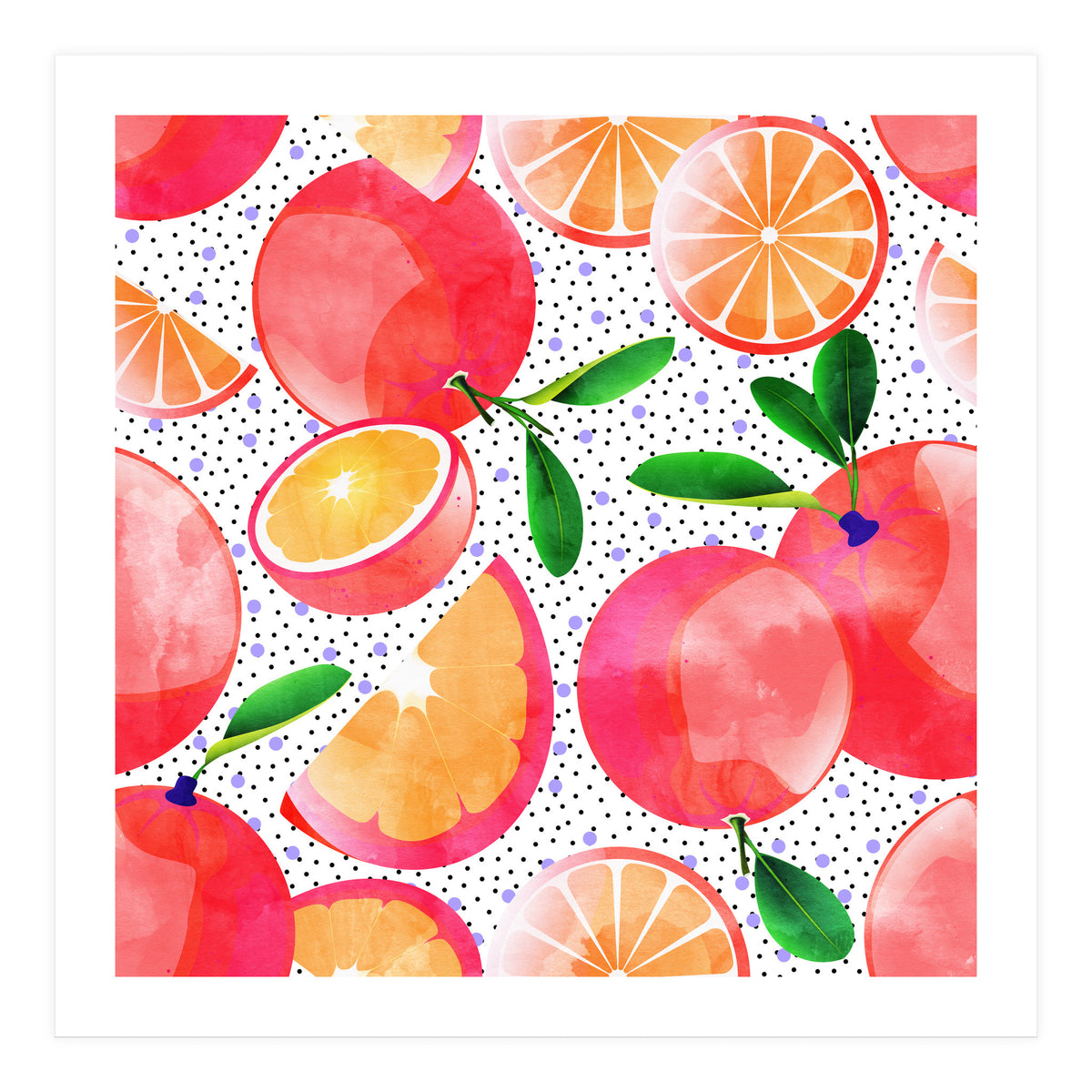 Citrus Tropical | Juicy Fruits Polka Dots | Food Orange Grapefruit Pink Watercolor Botanica (Print Only)