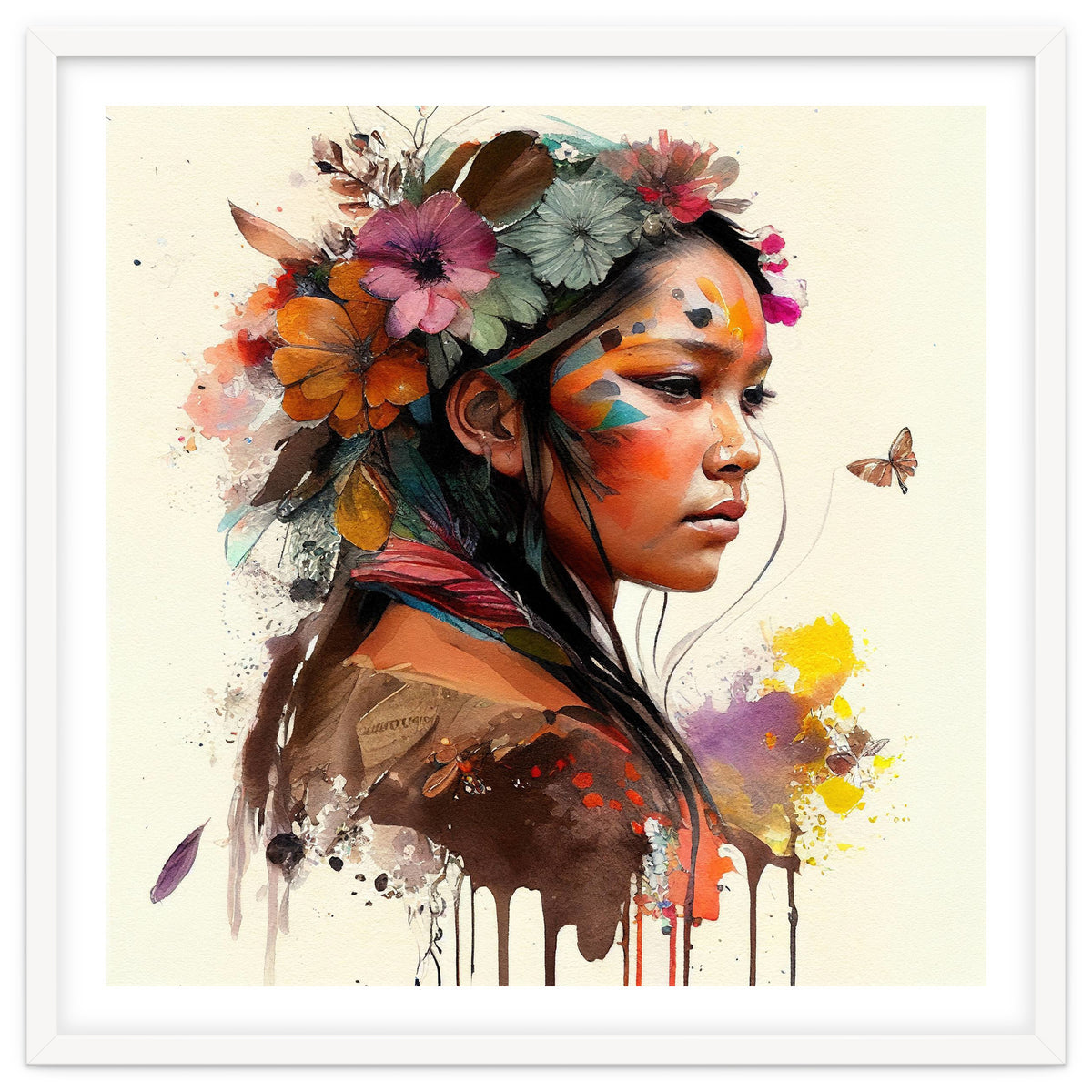 Watercolor Floral Indian Native Woman #4