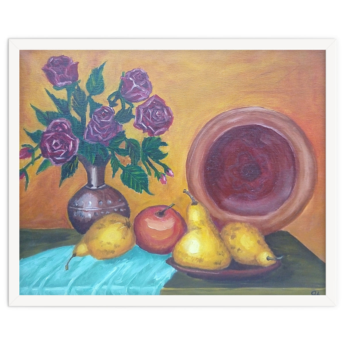 Still life with pears, roses and a dish.