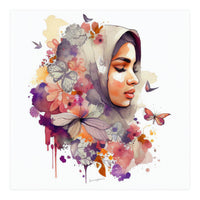 Watercolor Floral Muslim Arabian Woman #6 (Print Only)