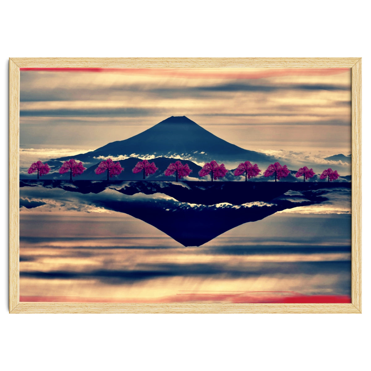 Reflection on Mount Fuji with cherry trees.
