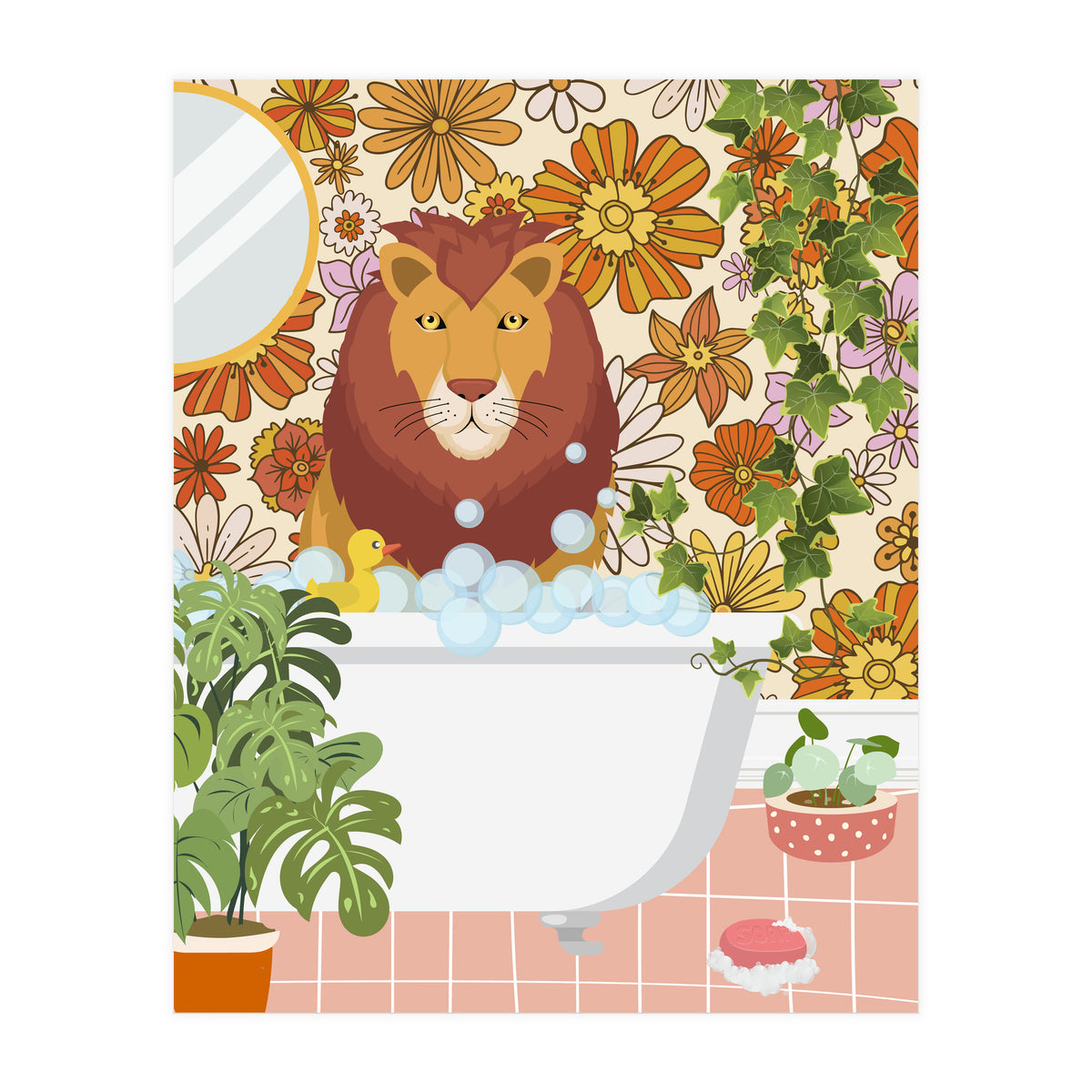 Lion Bathing on Groovy Bathroom (Print Only)