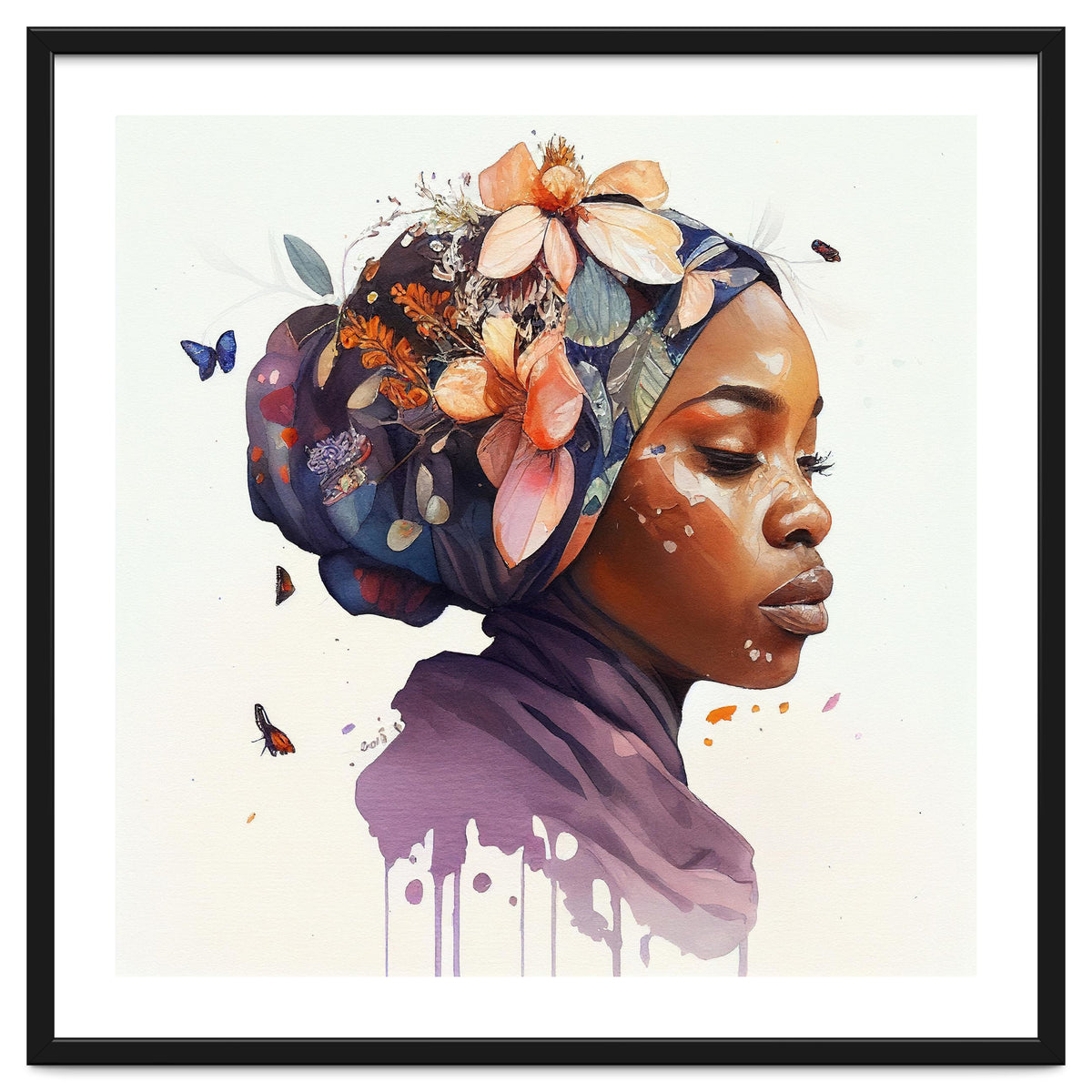 Watercolor Floral Muslim African Woman #4