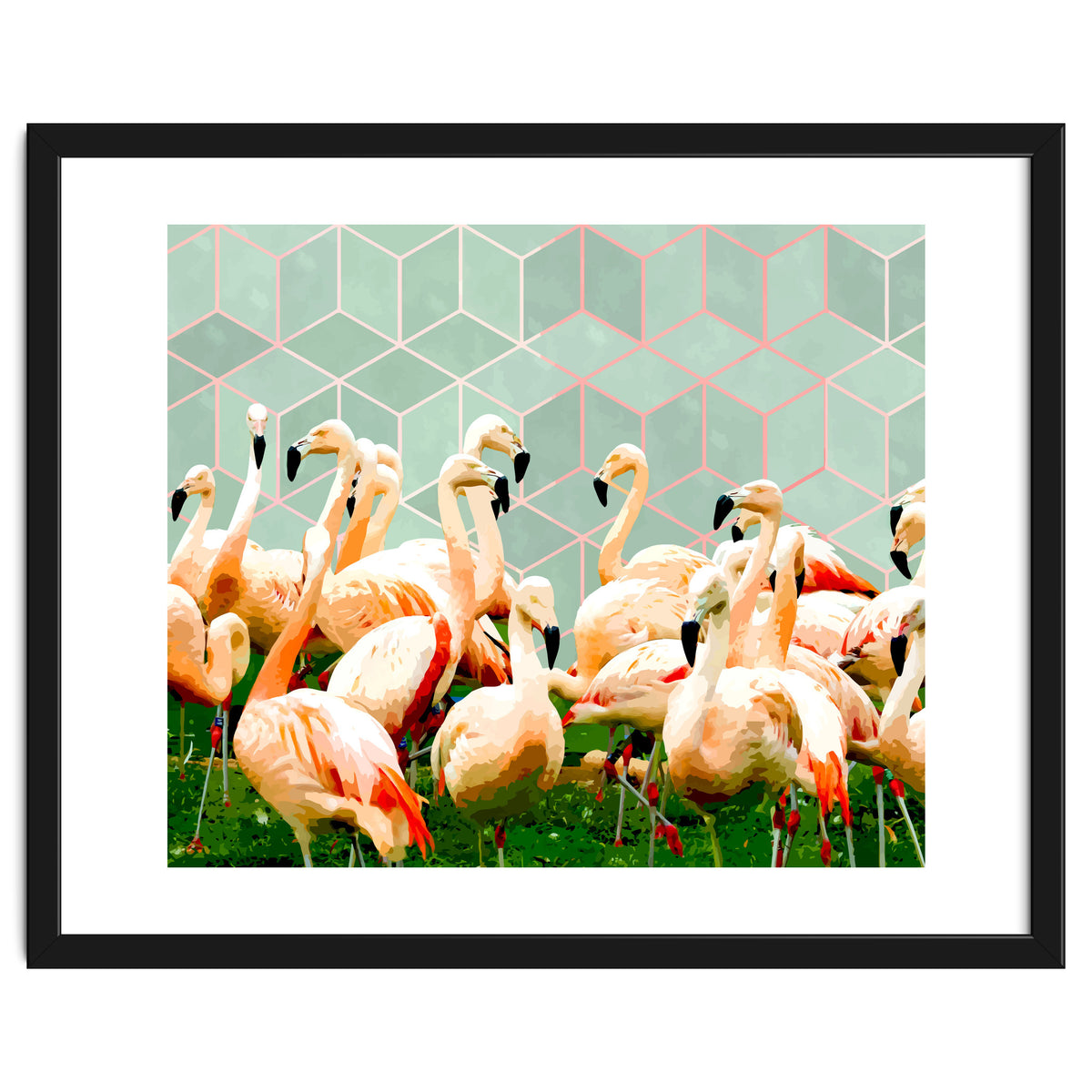 Flamingle Abstract Digital, Flamingo Wildlife Painting, Birds Geometric Collage